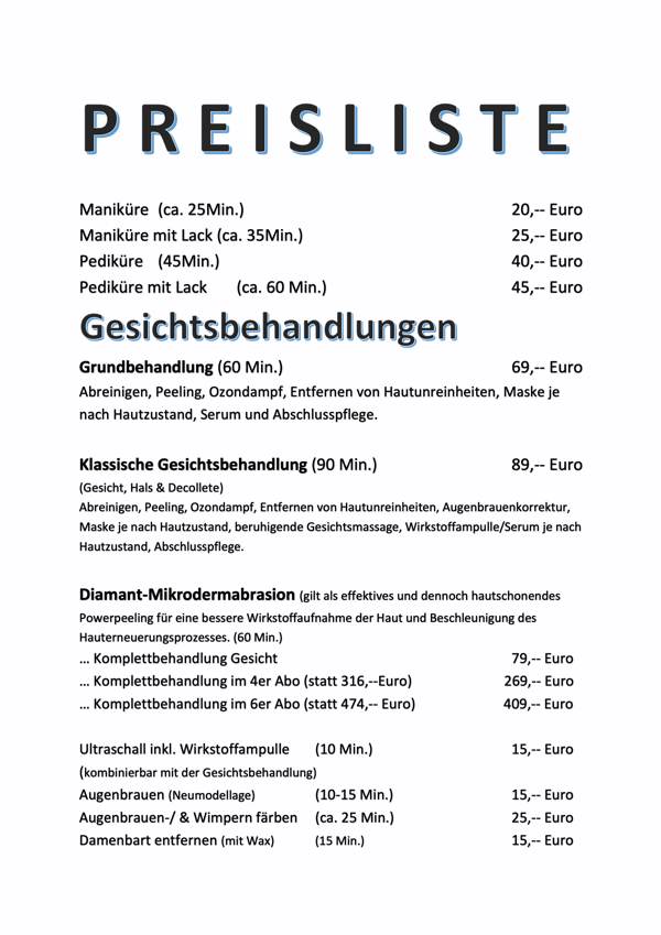 Aktuelle Preisliste Kosmetikkabine Aktuelle Preisliste Kosmetikkabine